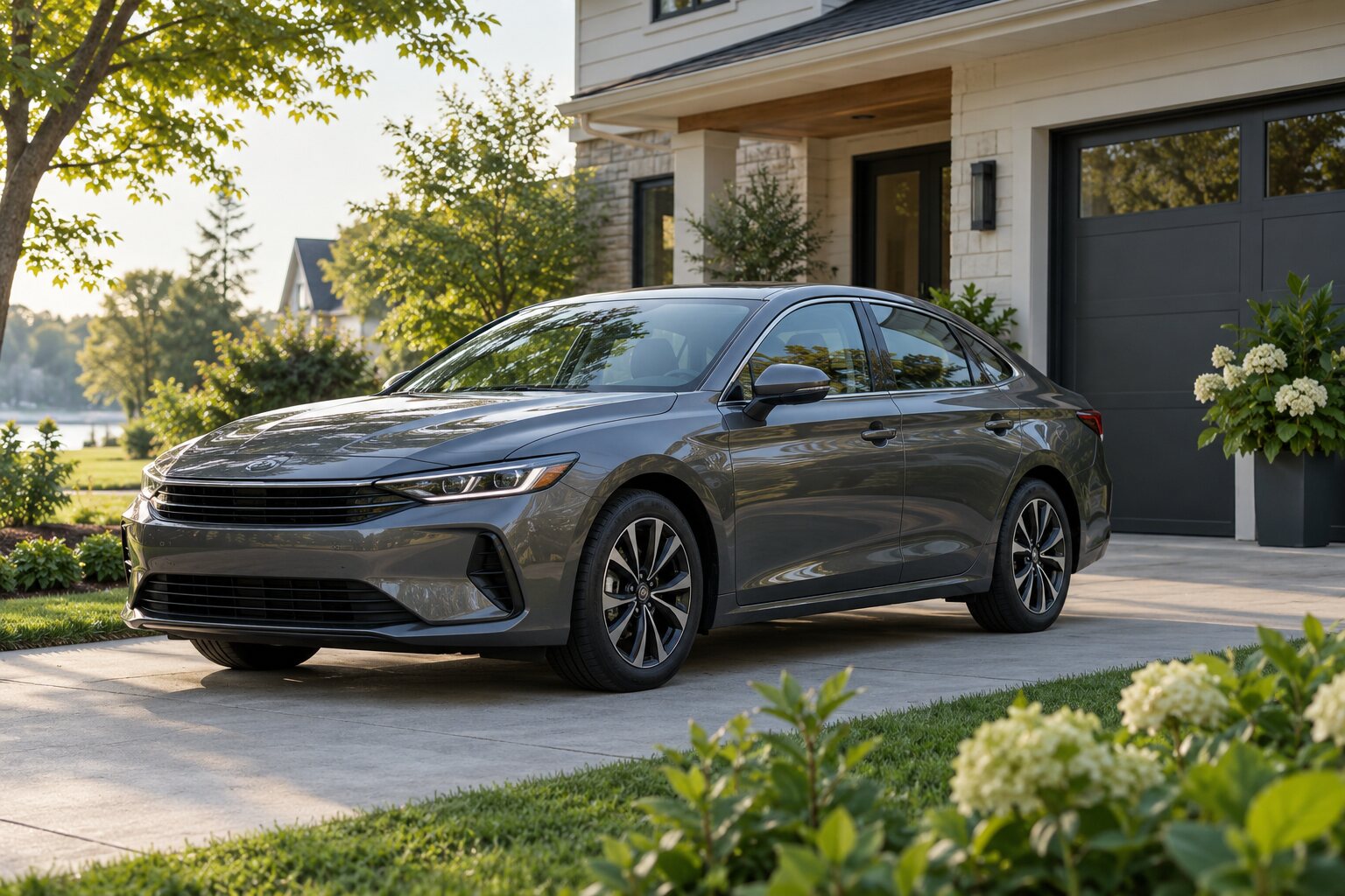 A gray car parked in a driveway